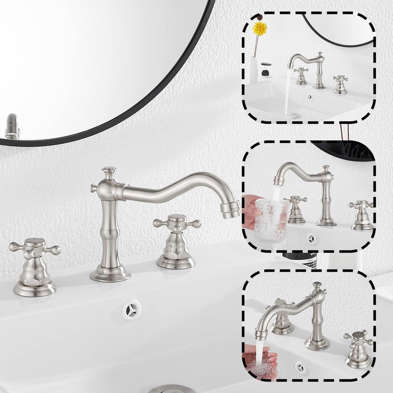 GGStudy Two Handles Three Holes Faucet 8-16 inch Widespread Bathroom Sink Faucet Brushed Nickel Basin Tap Mixer Faucet Matching Metal Pop Up Drain - Image 4